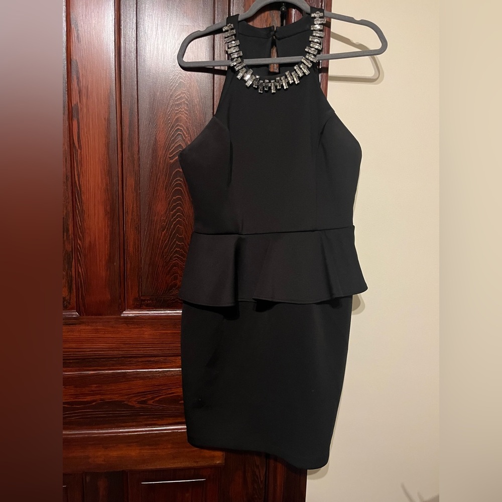 Bisou Bisou short black peplum dress with gem collar